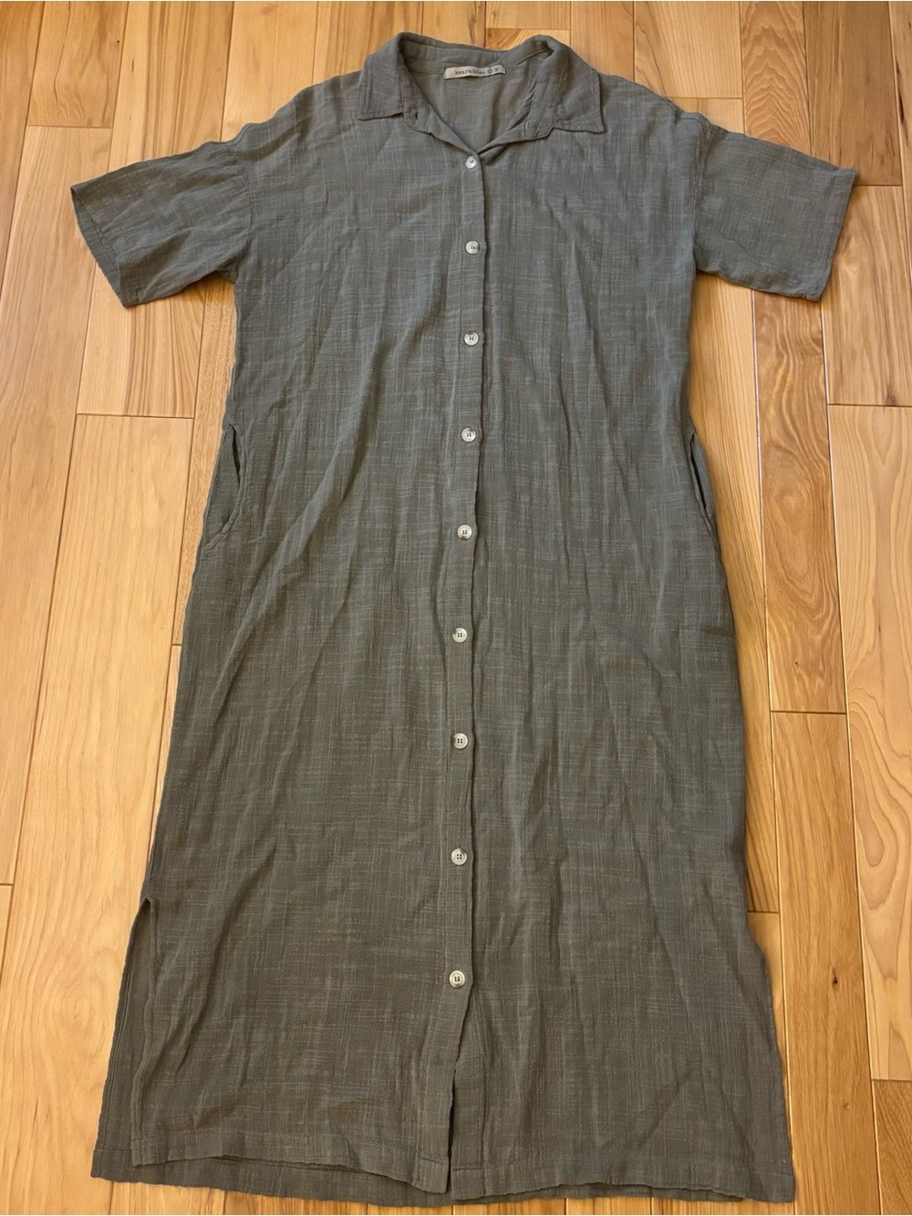 Wearables Green Cotton Gauze Button Front Short Sleeve Lagenlook Style Dress